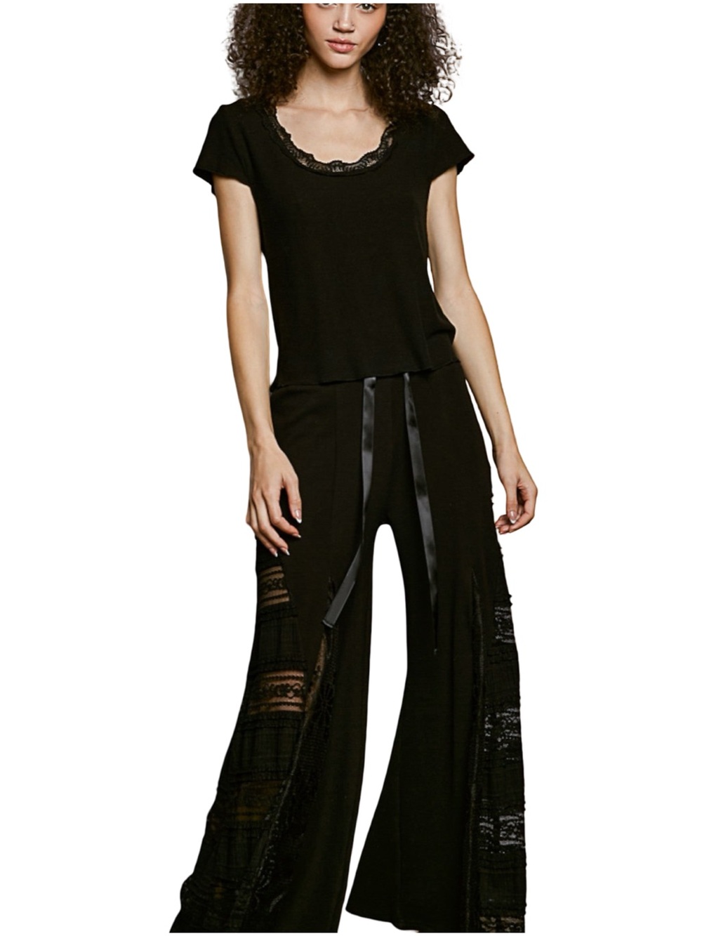 ▪️🔲◾️POL Black Wide-Leg Lace-Panel Pants with Satin Waist Tie ◾️🔲▪️ - Picture 2 of 14
